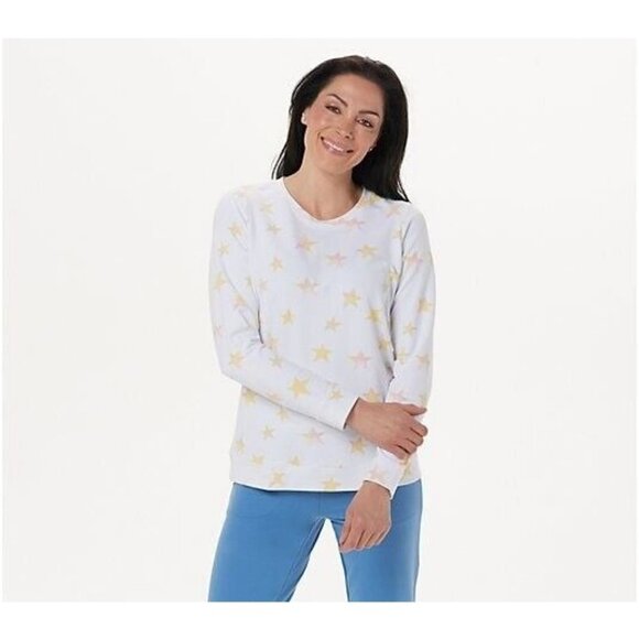 Denim & Co. Active Printed French Long-Sleeve Sweatshirt Yellow Multi,Small - Picture 1 of 1
